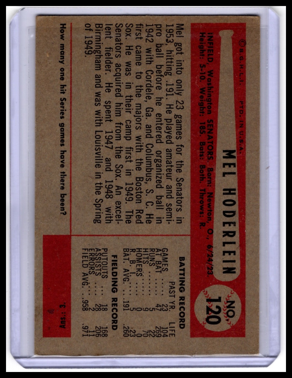 1954 Bowman #120 Mel Hoderlein