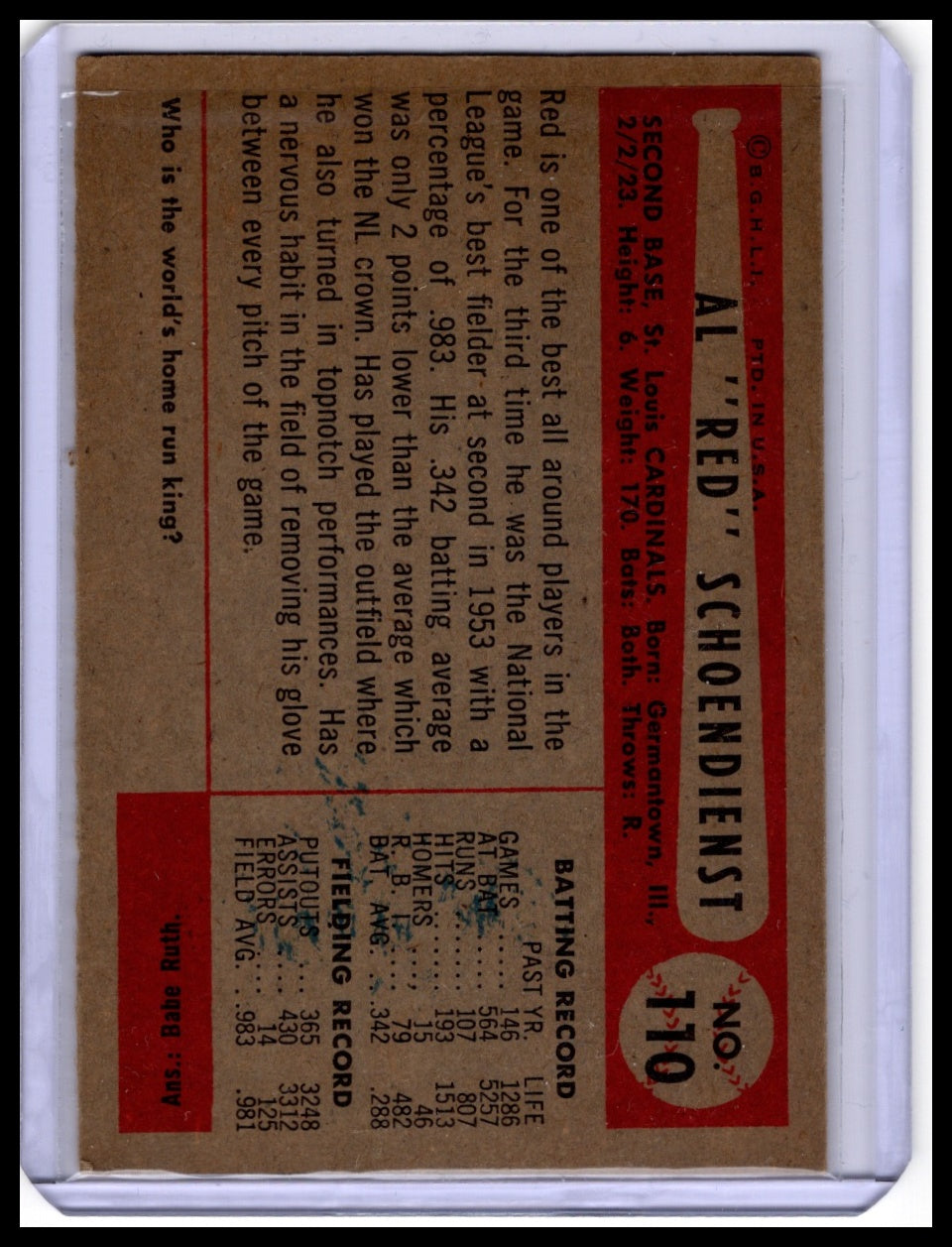 1954 Bowman #110 Al Schoendienst