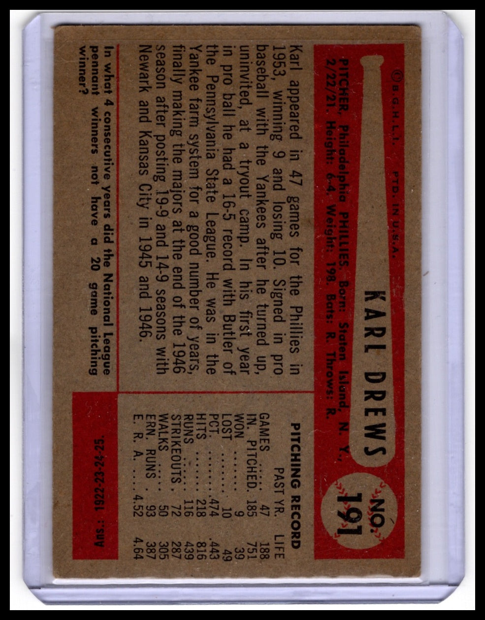1954 Bowman #191 Karl Drews