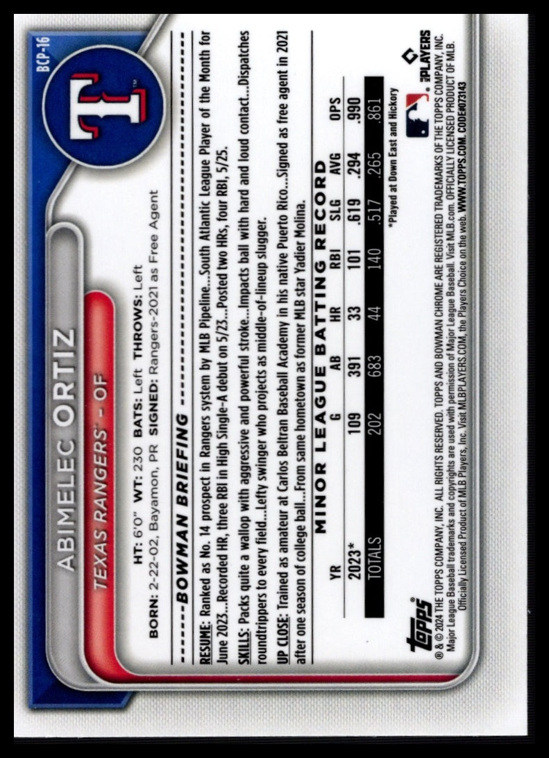 2024 Bowman #BCP-16 Abimelec Ortiz Chrome Prospects Blue Refractors #/150