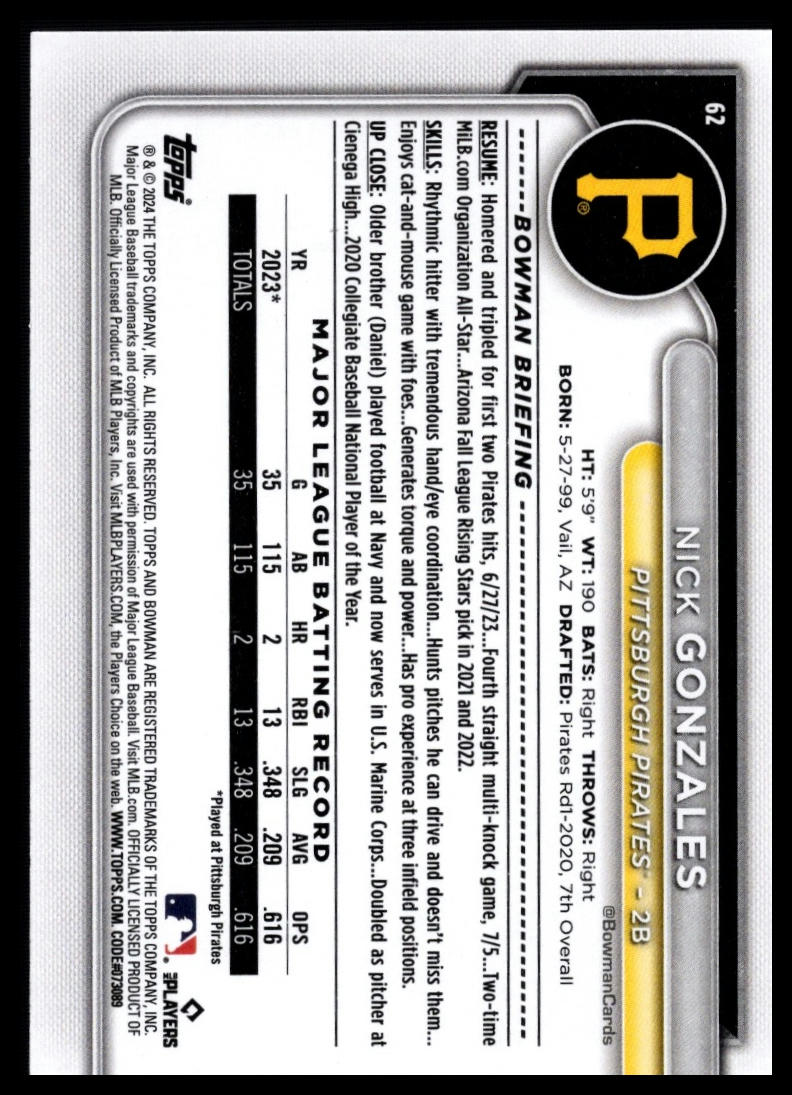 2024 Bowman #62 Nick Gonzales