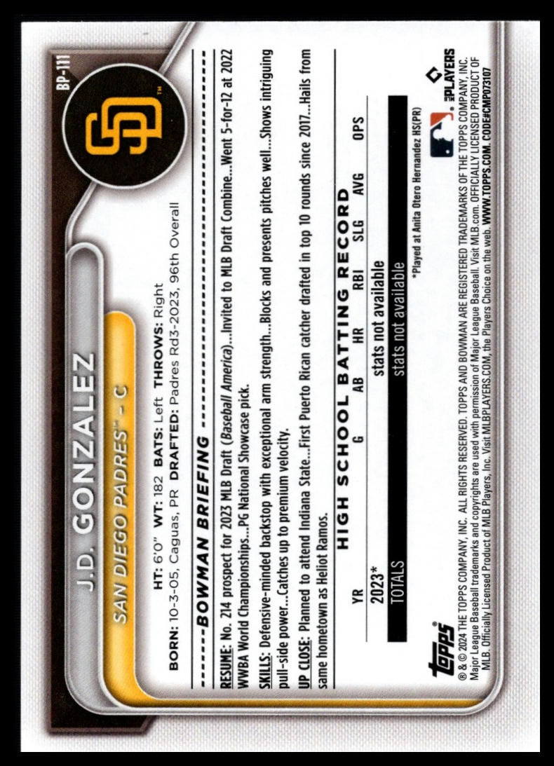 2024 Bowman #BP-111 J.D. Gonzalez Prospects
