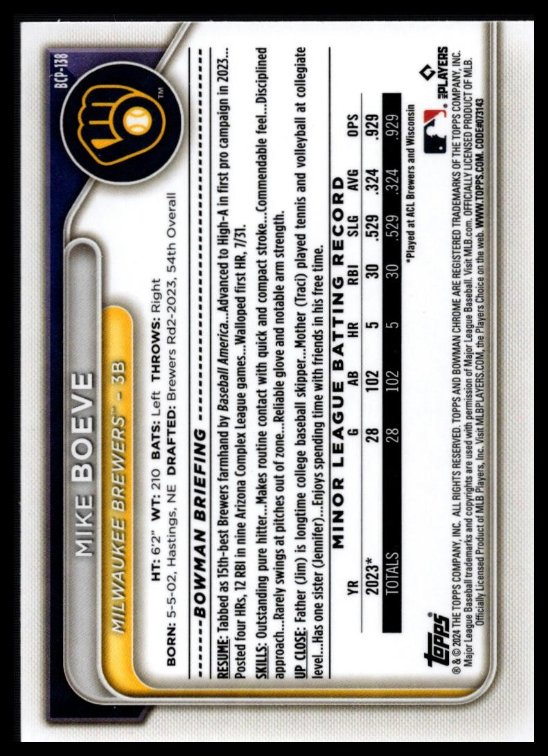 2024 Bowman #BCP-138 Mike Boeve Chrome Prospects