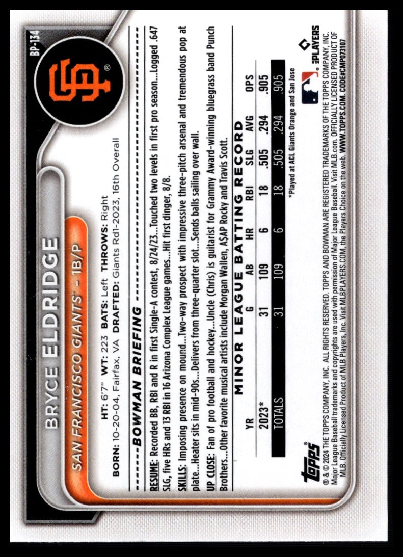 2024 Bowman #BP-134 Bryce Eldridge Prospects
