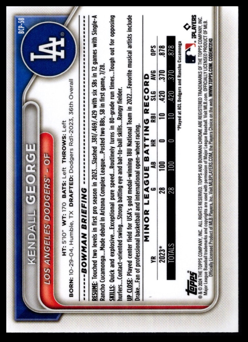 2024 Bowman #BCP-58 Kendall George Chrome Prospects