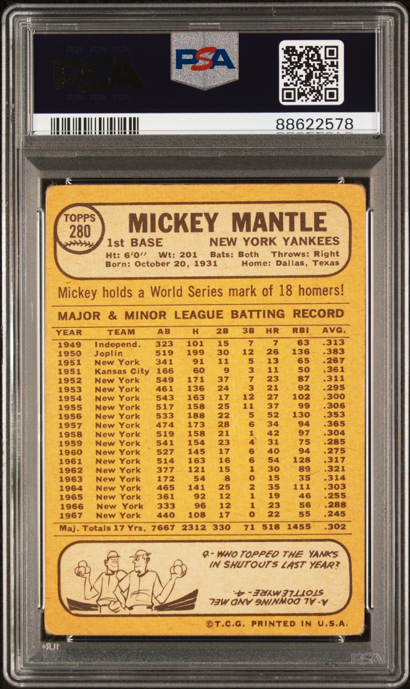 1968 Topps #280 Mickey Mantle PSA 1