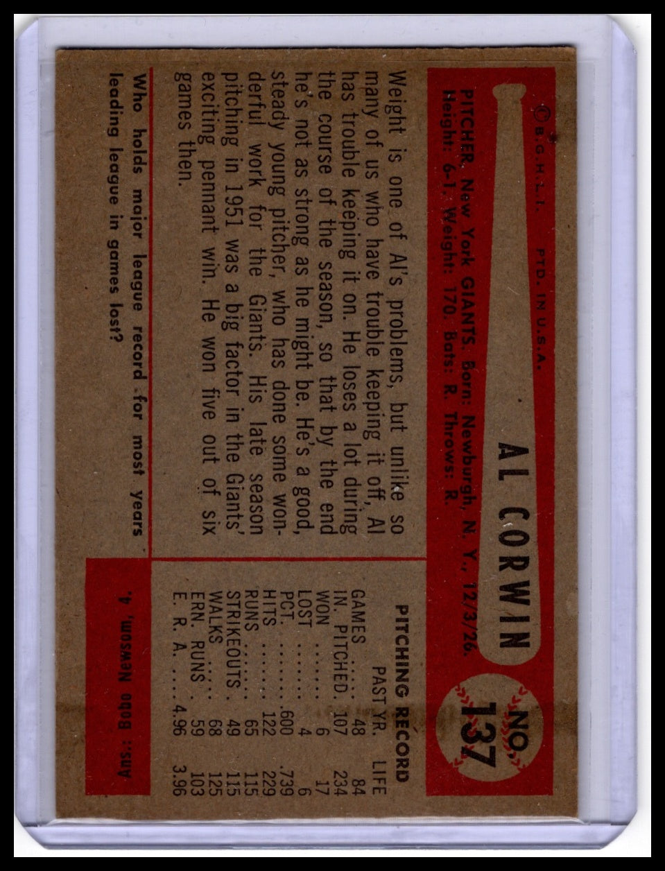 1954 Bowman #137 Al Corwin