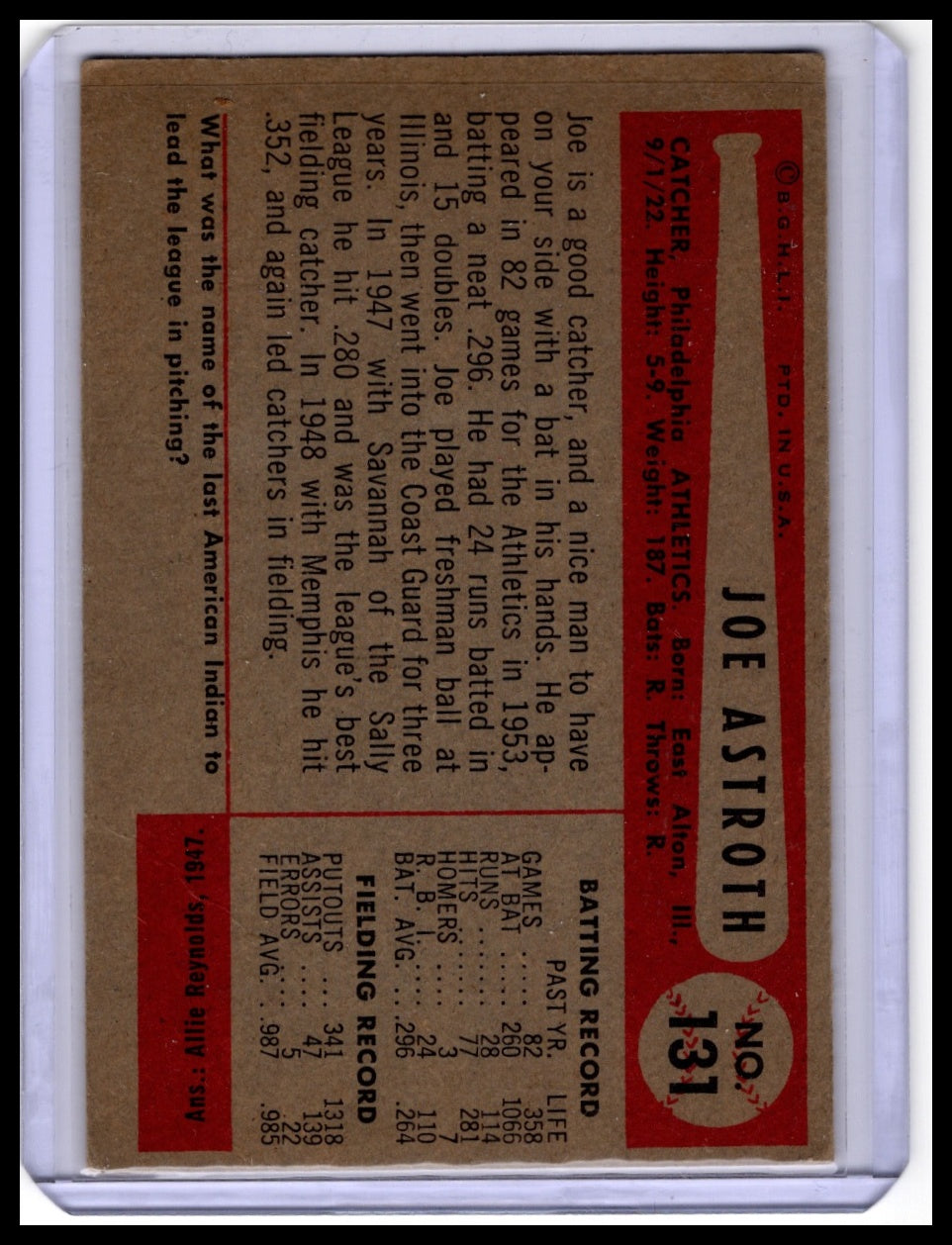 1954 Bowman #131 Joe Astroth
