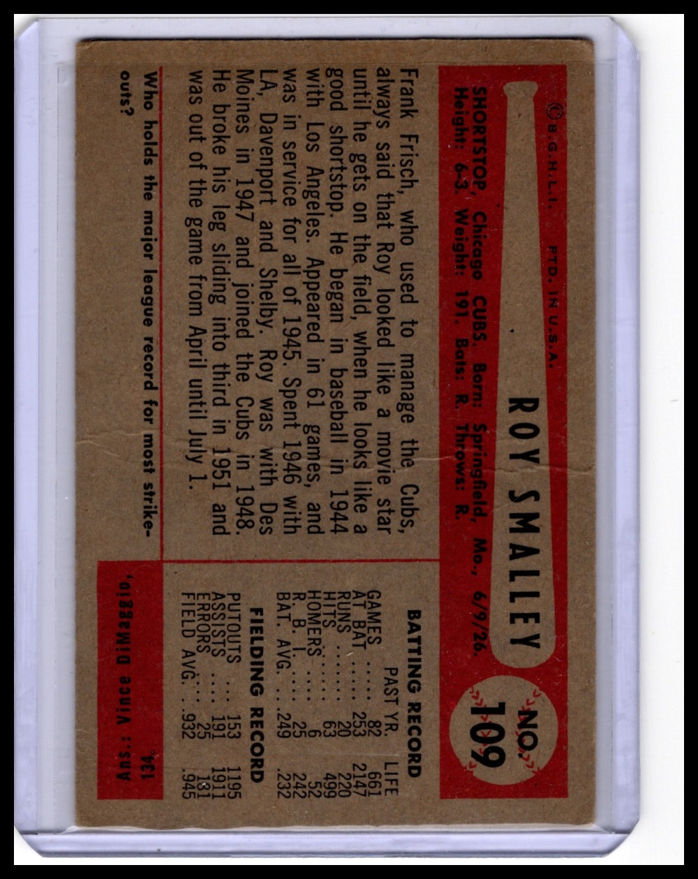 1954 Bowman #109 Roy Smalley