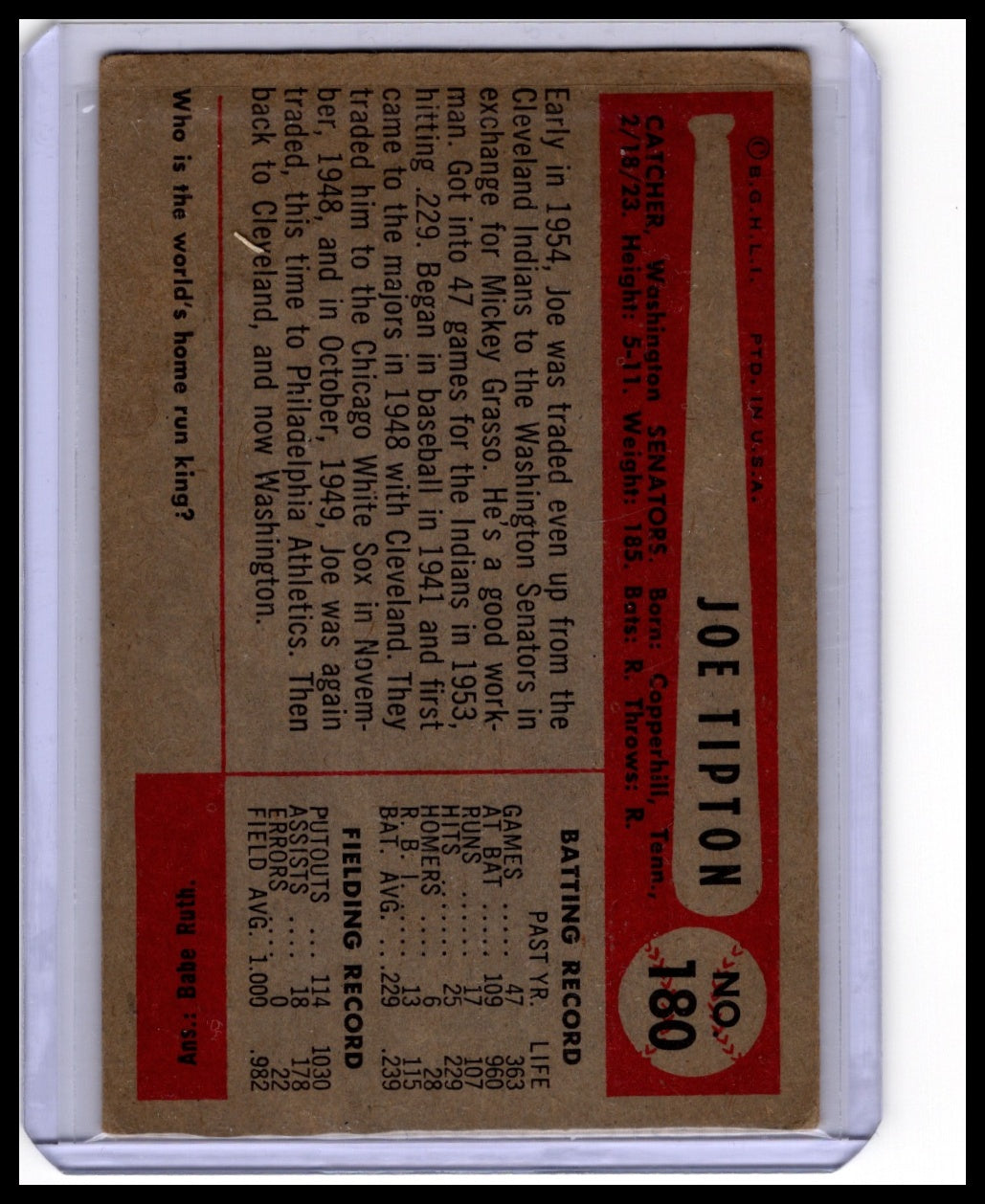 1954 Bowman #180 Joe Tipton