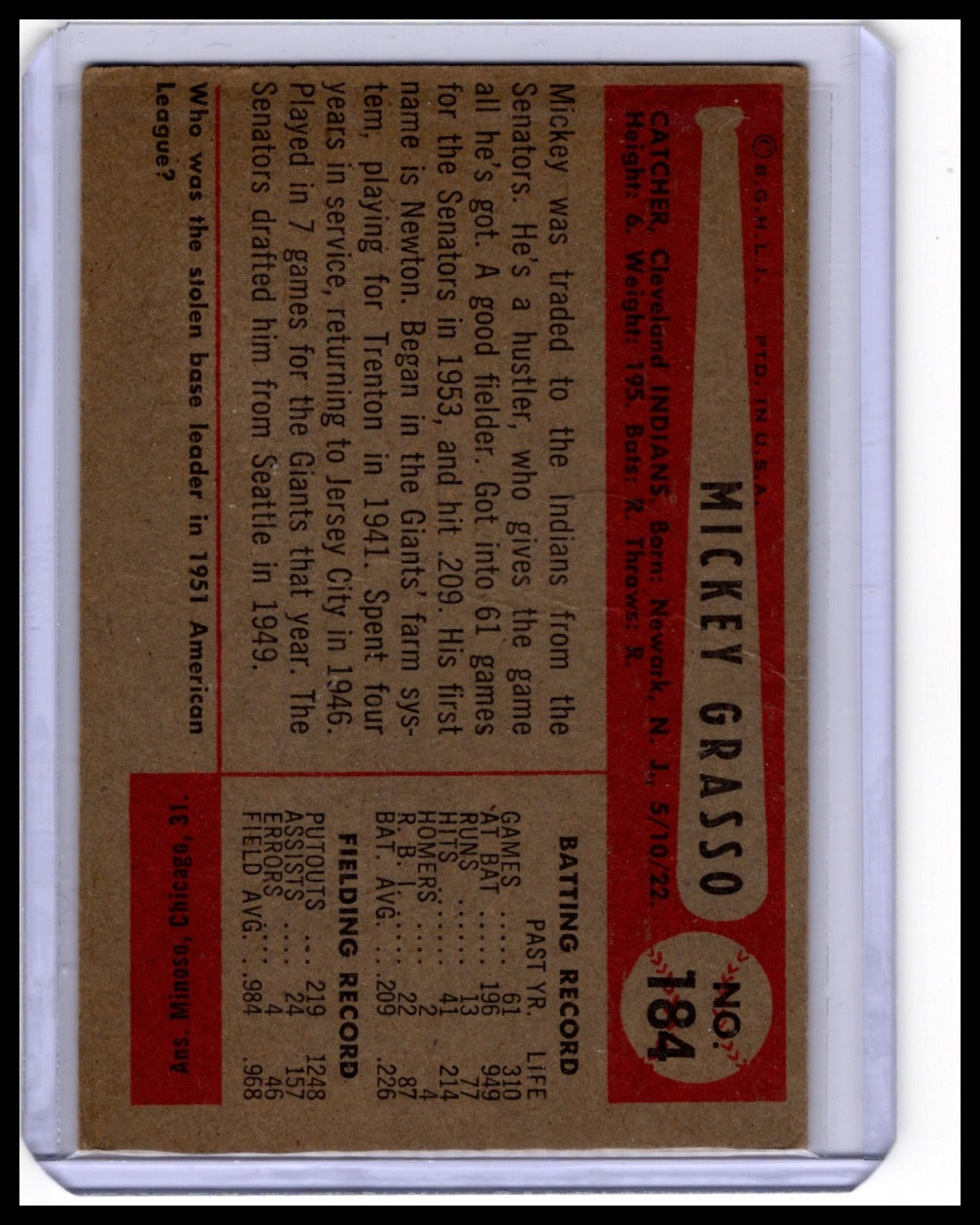 1954 Bowman #184 Mickey Grasso