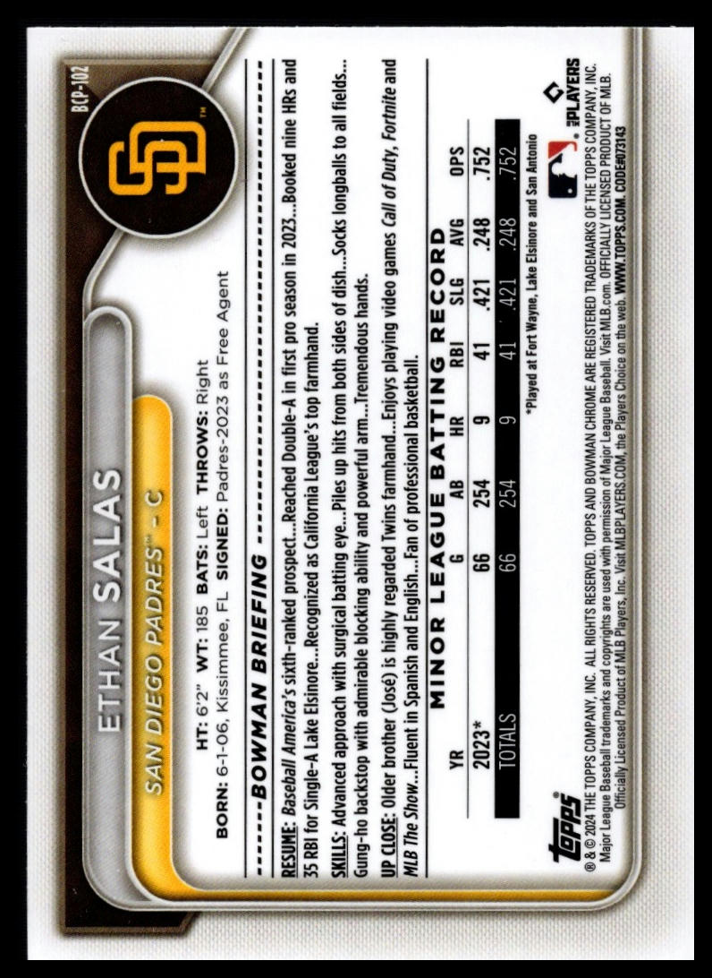 2024 Bowman #BCP-102 Ethan Salas Chrome Prospects