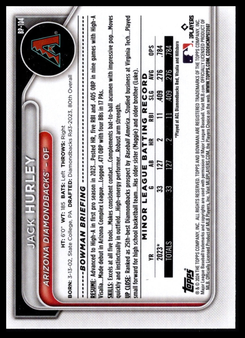 2024 Bowman #BP-104 Jack Hurley Prospects
