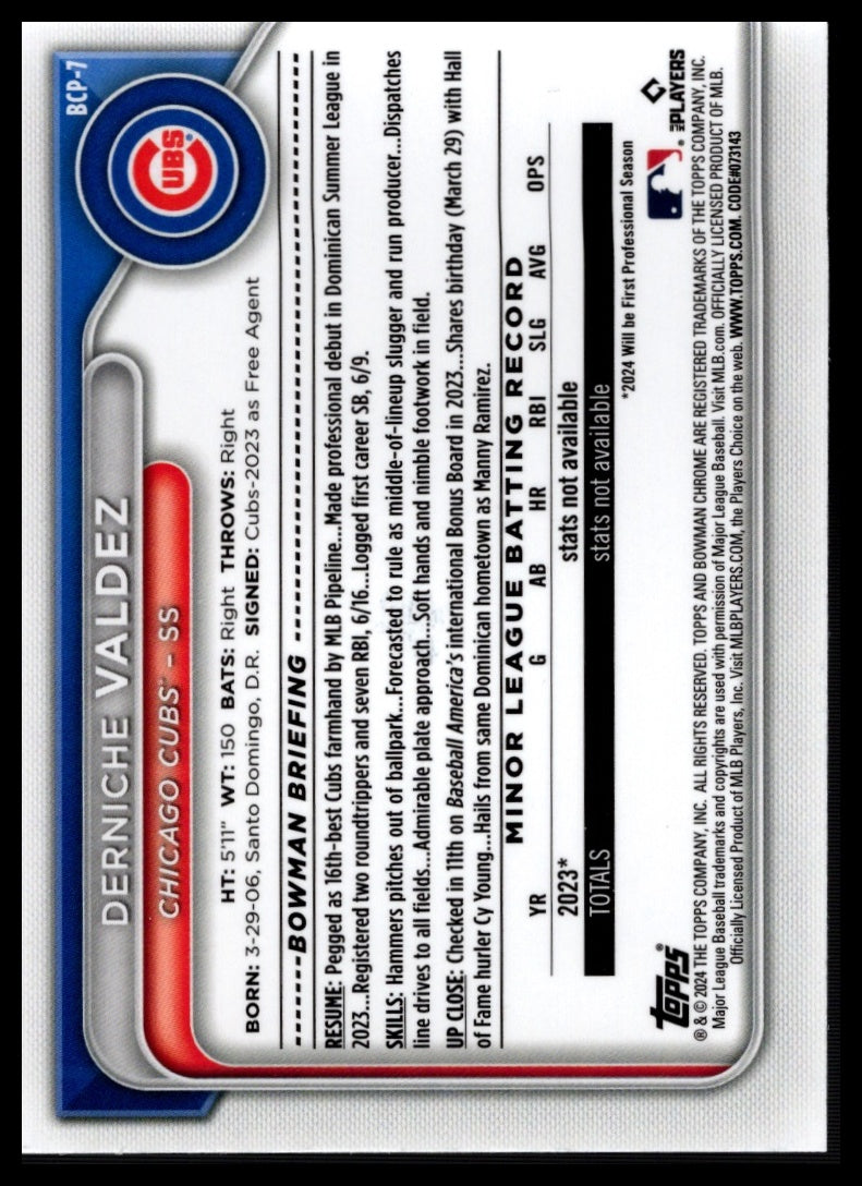 2024 Bowman #BCP-7 Derniche Valdez Chrome Prospects