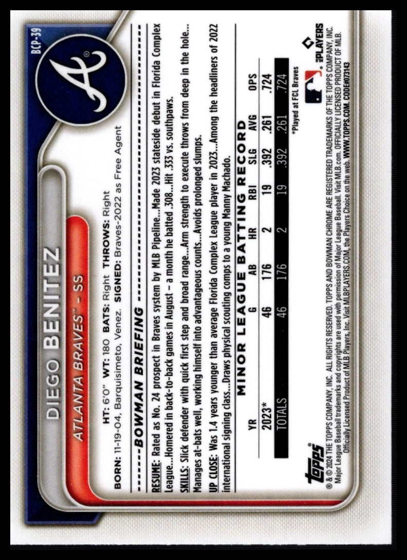 2024 Bowman #BCP-39 Diego Benitez Chrome Prospects